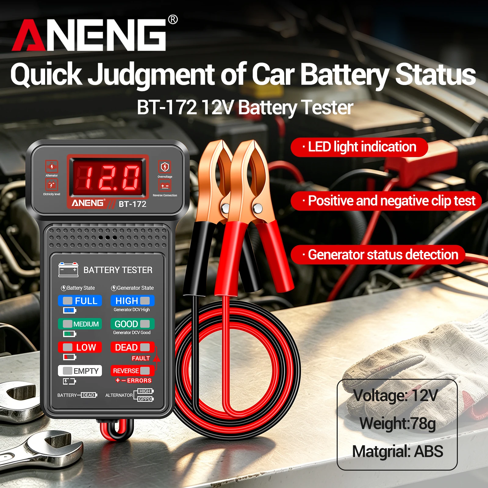 Probador de batería de coche ANENG BT-172 12V indicador de estado sistema de carga analizador medidor de voltaje pantalla Digital pinzas de cocodrilo herramienta