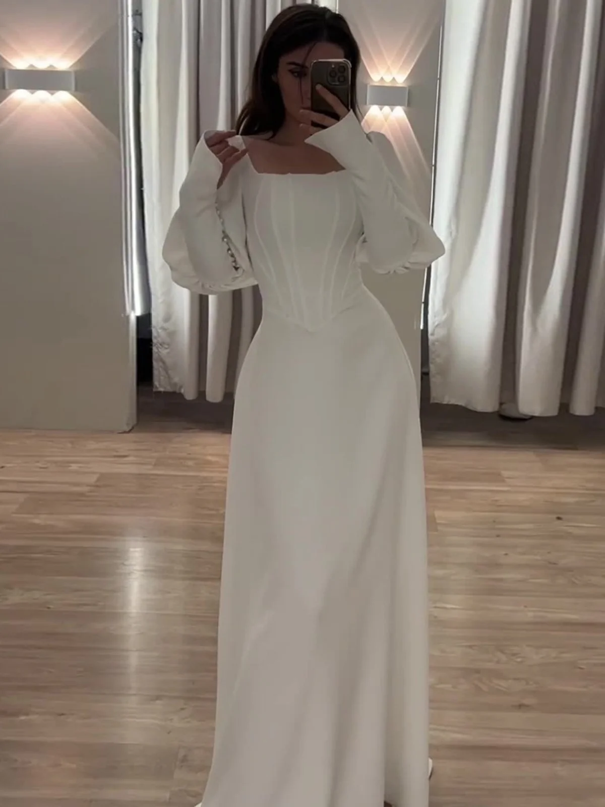 Długa sukienka damska Ele z wysokim stanem, kwadratowym dekoltem, elegancka, dopasowana, na wiosnę, jesień i zimę, codzienna.