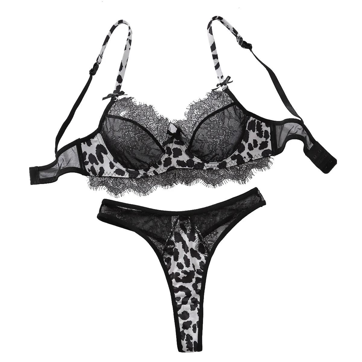 

Black Women's Shaping Underwear Lace Patchwork Set Leopard Print Sexy Gathering See-through Steel Ring Bra Underwear Set