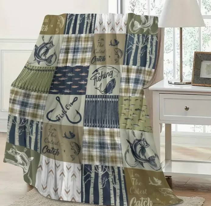 A Vintage Flannel Blanket Featuring A Fish Pattern, Soft and Travel, and Camping It Is Versatile and Can Be Used in All Seasons