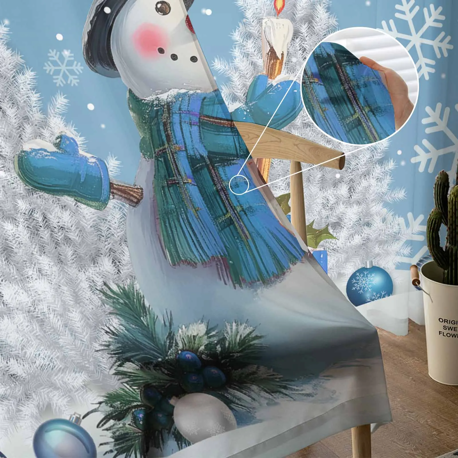 Christmas Snowman Pine Leaves Christmas Ball Bule Sheer Curtains Home Bedroom Decoration Kitchen Tulle Voile Window Curtain