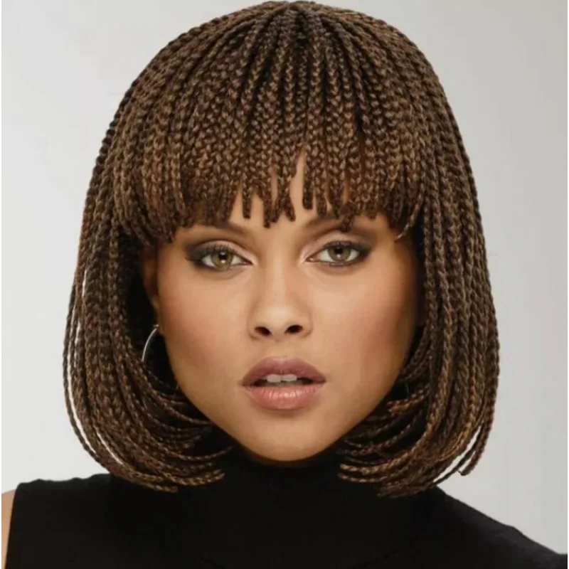 

Модный короткий боб, коричневый, плетеный парик в коробке с челкой, синтетические волосы для вечеринки, на складе США