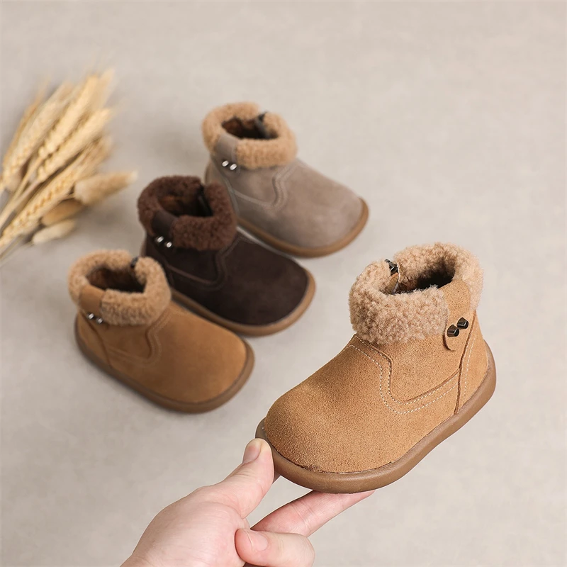 

Baby Girls Boys Genuine Leather Snow Boots Autumn Winter Children Plush Boots Outdoor Non-slip Soft Sole Toddler Kids Shoes