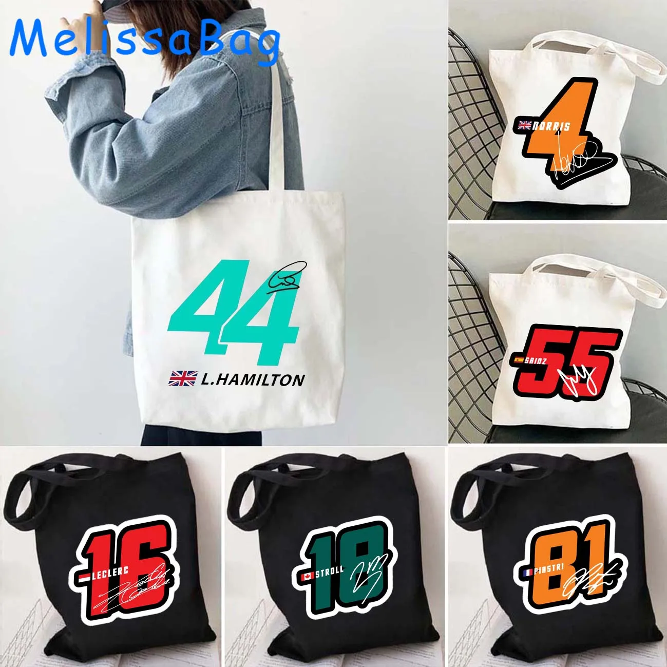 F1 Racer Signature Number Racing Canvas Shoulder Tote Bag Formula1 Lando Norris 4 Fernando 14 Carlos Sainz 55 Cotton Eco Handbag