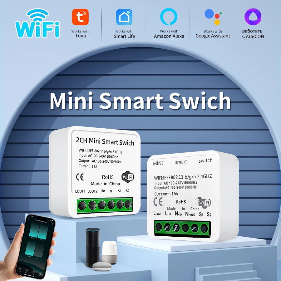100-240V Wifi Switch Module 16A Tuya Smart Life 1/2 Gang Light Switch Remote Automatic Relay Breaker for Alexa Google Yandex