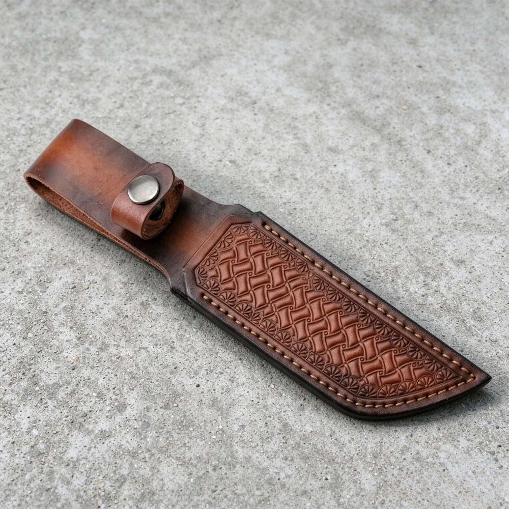 High-quality Vintage Embossed Top-Grain Leather Sheath with Snap Closure Retro Brown Rubbing Technique 1PC Knife Leather Case