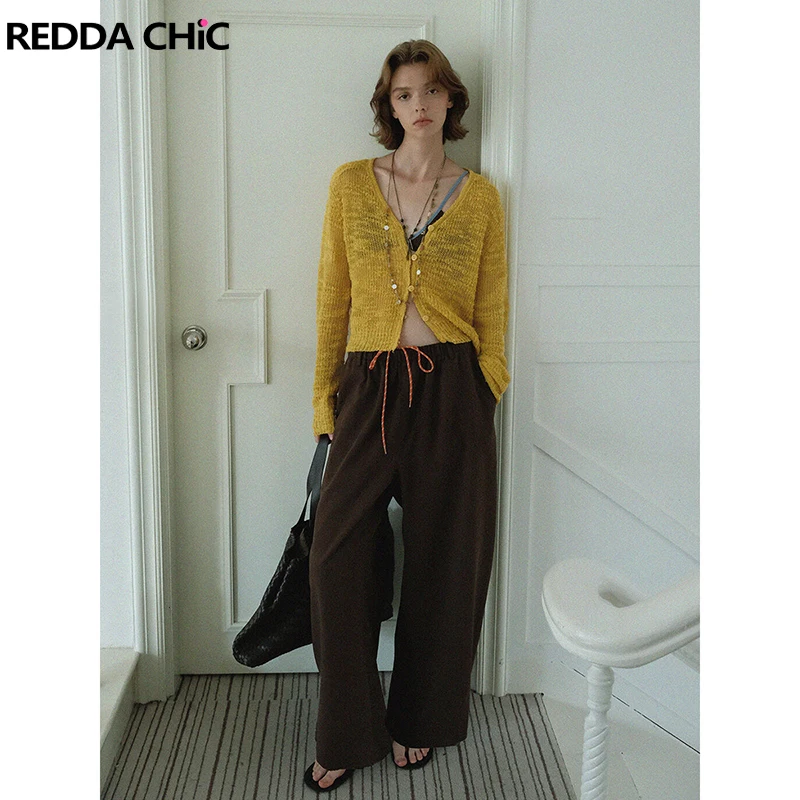 ReddaChic Casual Drawstring Waist Sweat Pants Women Cotton Slacks Retro Brown Wide Leg Trousers Skater Dancer Hiphop Streetwear