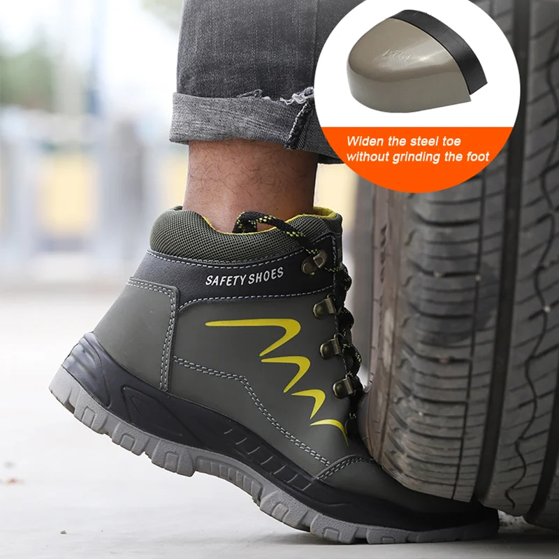 Green Leather Sneakers Men Waterproof Fashion Chelsea Men\'s Boots Sport Anti-smash Safety Shoes Men for Work Protective Footwear