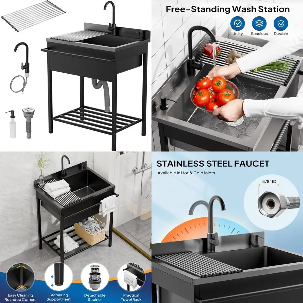

Stainless Steel Freestanding Utility Sink with Faucet and Drain Rack for Laundry, Kitchen, Restaurant, and Garage Use