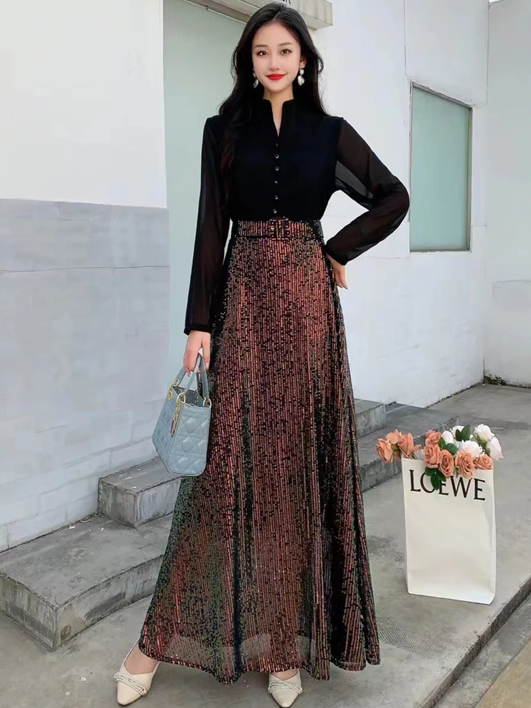 2024 New Spring Autumn Women V-Neck Long Sleeve Belt Slim Long Dress High Quality Sequined Patchwork Big Hem Elegant Dress