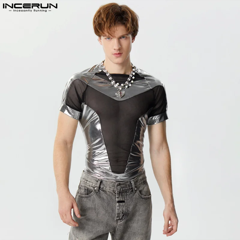 INCERUN 2024 Sexy Stylish Men's Homewear Flash Splicing Mesh Design Jumpsuits Casual Male Short Sleeve Triangle Bodysuits S-3XL