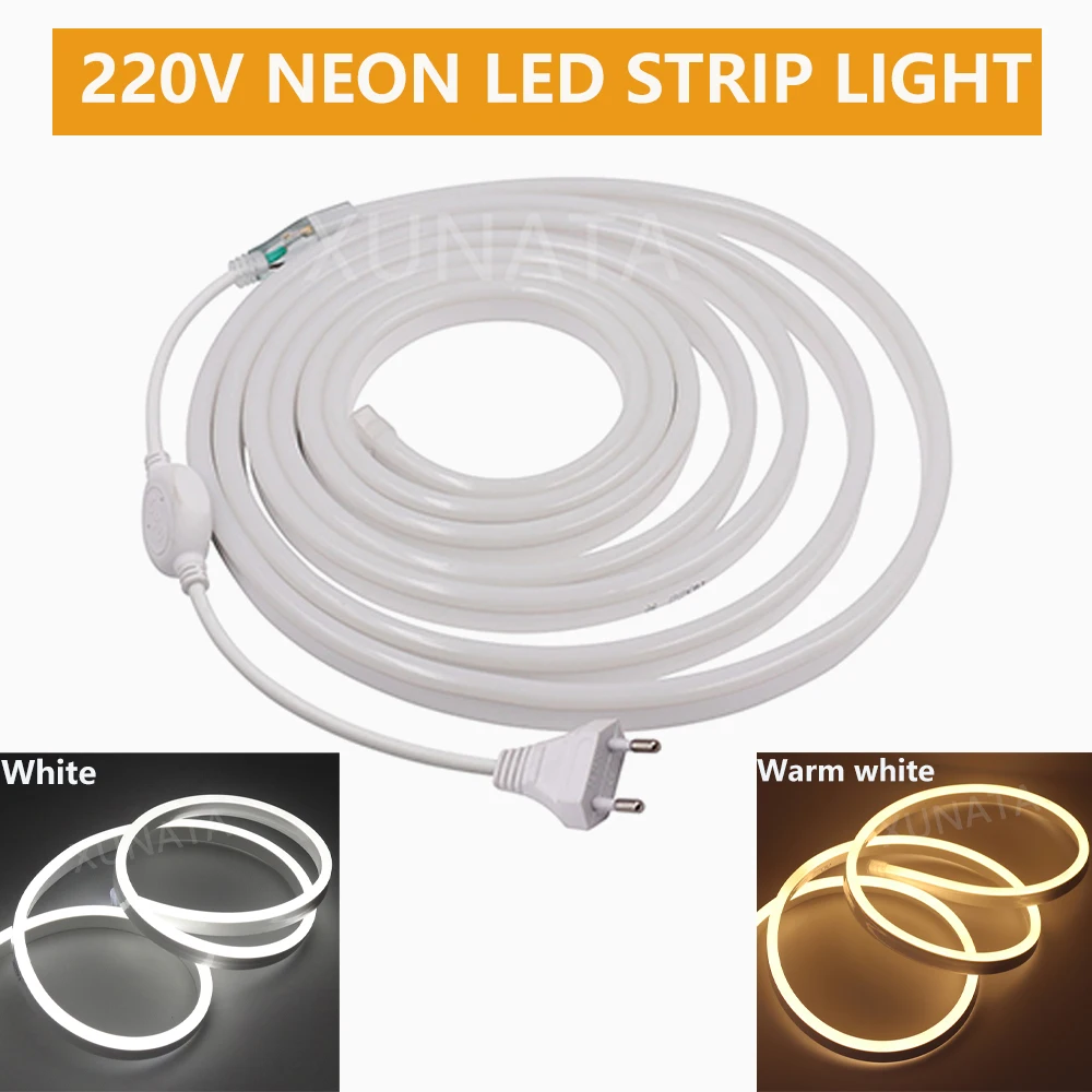 220V 2835 LED Neon Strip Light EU Power Plug 120LEDs/m Flexible Diode Lamp Waterproof Warm White 1M 2M 5M 20M Kitchen Home Decor