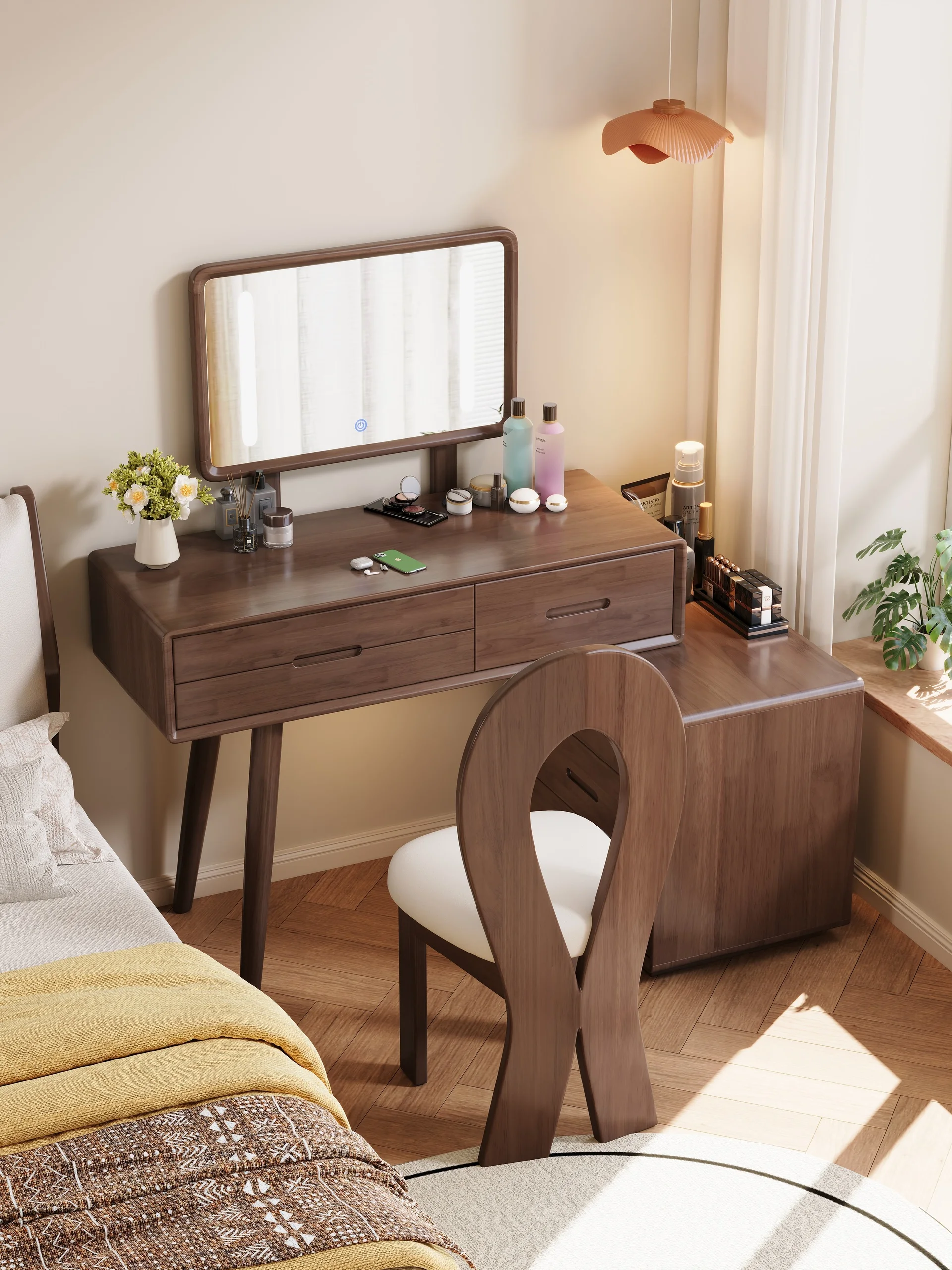 ￥%Solid Wood Folding Dresser Storage Cabinet All-in-One Modern Minimalist Bedroom Flip-Top Dressing Table with Lighted Mirror