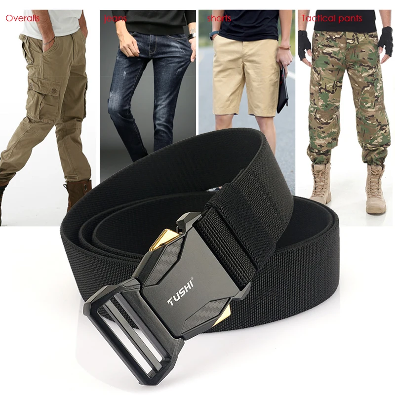 Official Genuine 2022 Elastic Belt for Men Alloy Buckle Quick Release Carbon Texture Military Tactical Belt Stretch Girdles Male