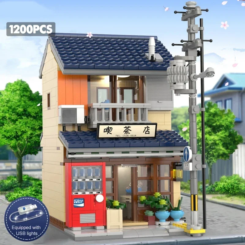 1200 pçs japonês casa de chá blocos de construção cidade vista rua modelo tijolos conjunto com luz idéia decoração desktop crianças brinquedos diy