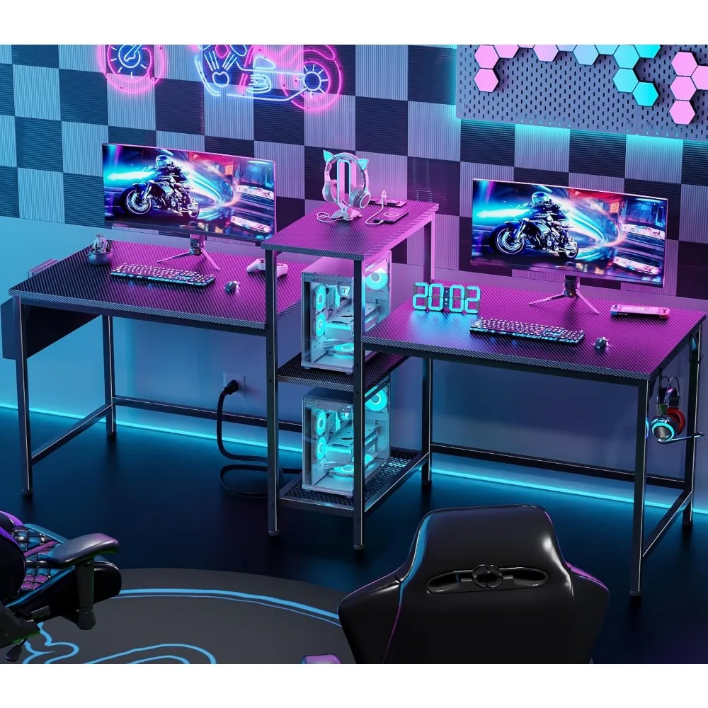 مكتب ألعاب ودراسة مقاس 71 بوصة مع مساحة تخزين ومنافذ طاقة وخطافات سماعة الرأس لتعزيز الراحة والوظائف #2