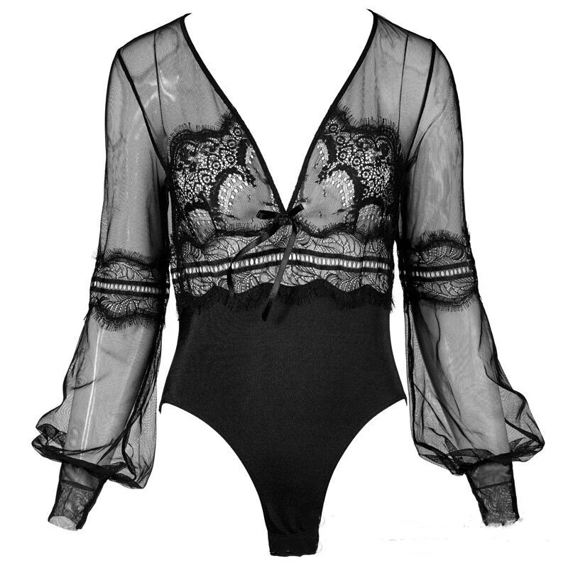 Bodysuit elástico para fotografia de maternidade, macacão de tecido macio, decote em v, manga de renda preto, adereços fotografia