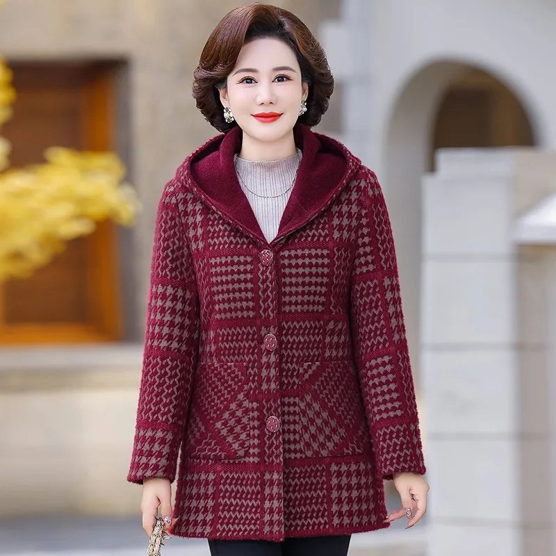 Grandma's Winter Hooded Jacket High End Imitation Mink Wool Coat Elderly Women Plush Thick Warm Parka Mother Overcoat