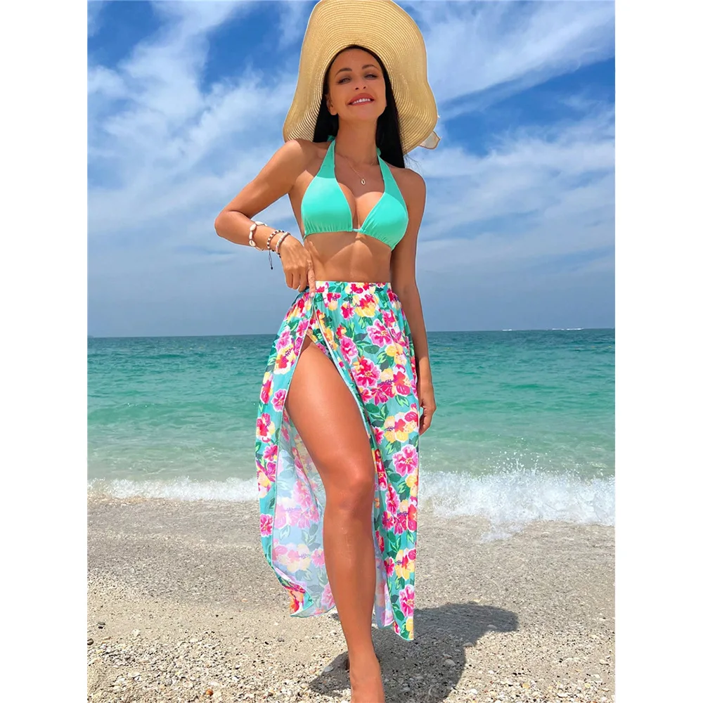 Sexy 3 Pieces Micro Bikini 2024 Women Swimsuit Female Swimwear with Floral Skirts Brazilian Beach Cover Up Bathing Suit Biquini