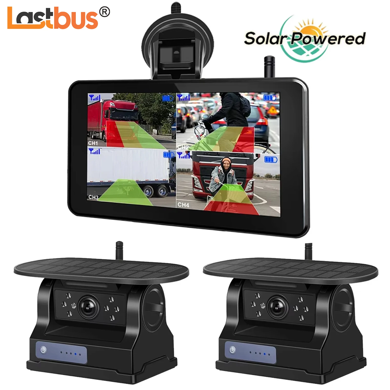 

Lastbus Solar Wireless Powered Magnet Reversing Backup Camera With BSD AI Detection 5" Rear View DVR Quad Monitor For Trailer Rv