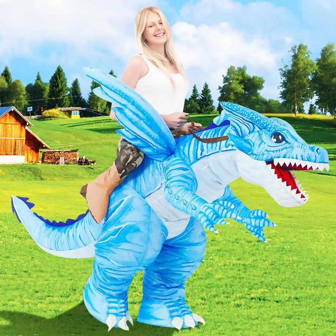 

Anime Cosplay Inflated Velociraptor Blue Striped Ride Dinosaur Costumes Halloween Carnival Funny Party Adult Complete Outfit New
