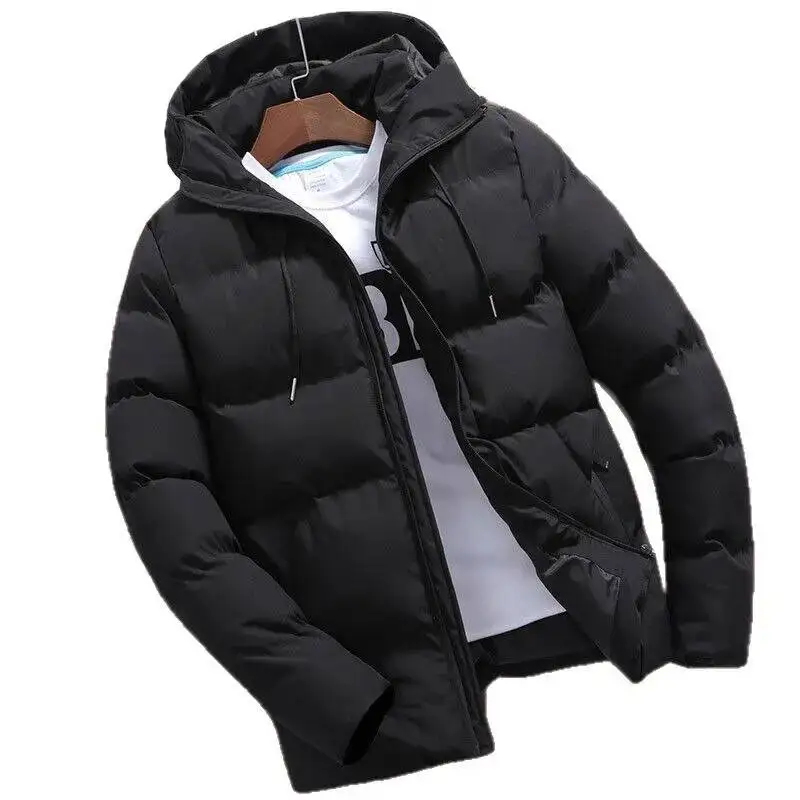 Chaqueta de algodón gruesa de invierno, abrigo de estilo coreano a la moda con capucha, abrigo informal para hombre, cierre de cremallera de color puro