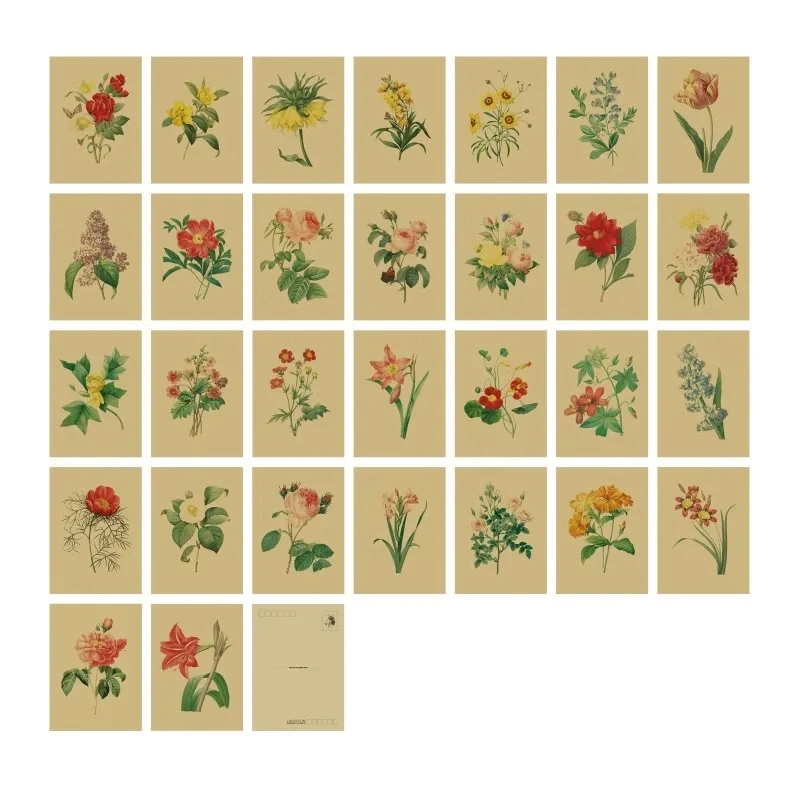 24 Sheets/Set Redoute Painting Plant Illustration Postcard DIY Rose Lilies Vintage Greeting Message Cards Student Gift