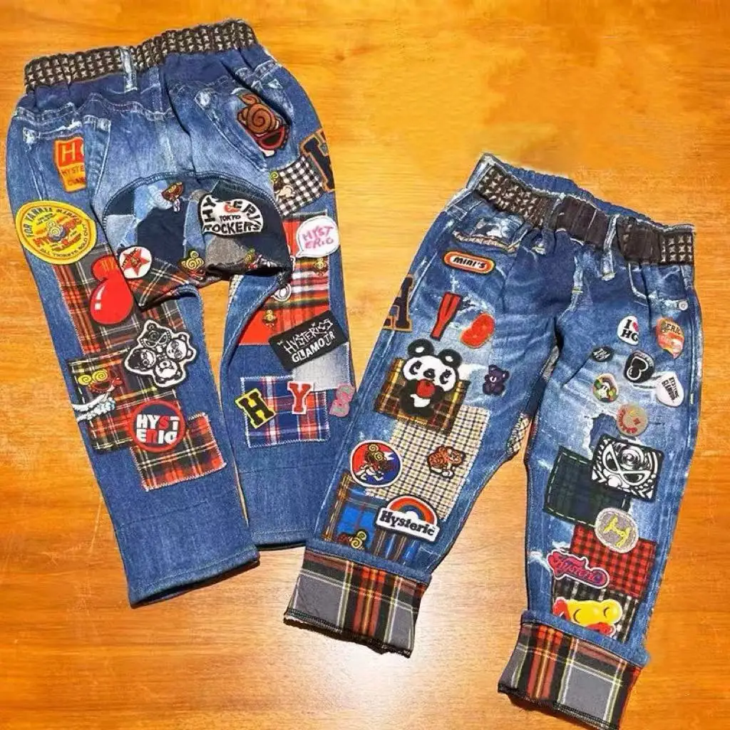 

2025 Autumn/Winter Trendy Designer Kidswear Black Sunglasses Rainbow Plaid Pattern Cotton Terry Children’s Long Pants