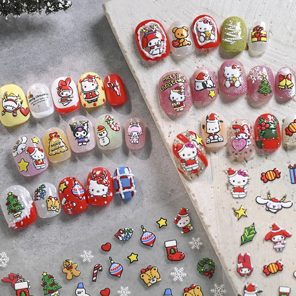 6 pçs vermelho natal olá kitty adesivos de unhas estrela de natal doce cana presente olá kitty dos desenhos animados crianças decalques de unhas adesivos decorativos