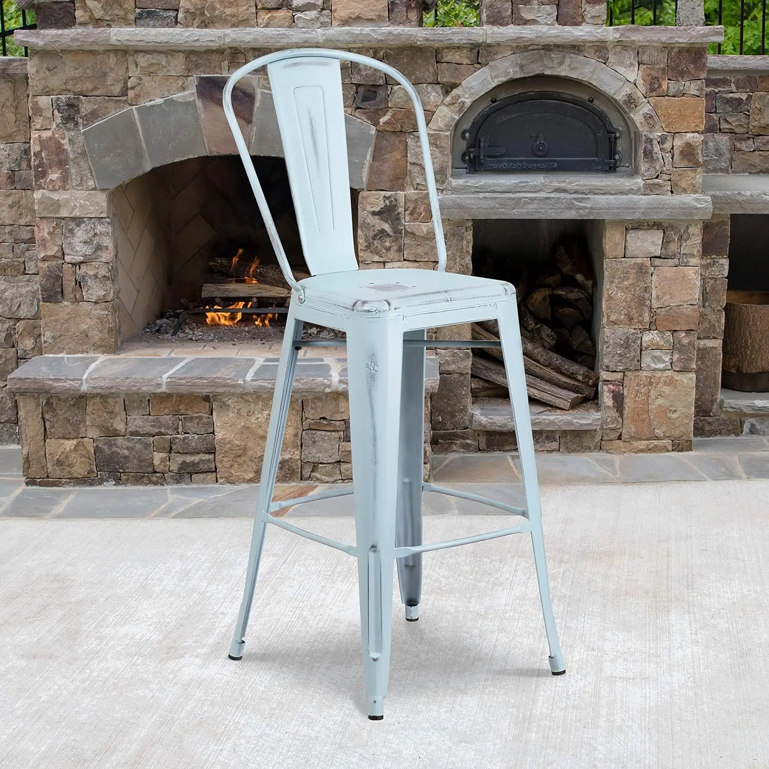 Handels üblicher 30 "" High Distressed Green-Blue Metall Indoor-Outdoor Barhocker mit Rückenlehne