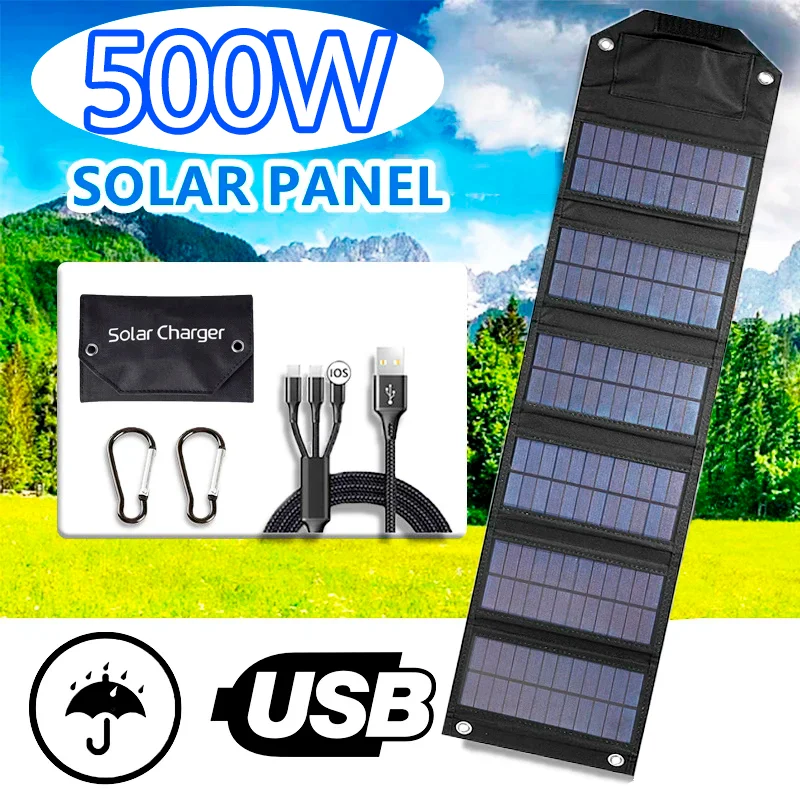 

500W Portable Solar Panel 5V Dual USB Foldable Waterproof Solar Charger Power Generator for Mobile Phone Outdoor Camping Tourism