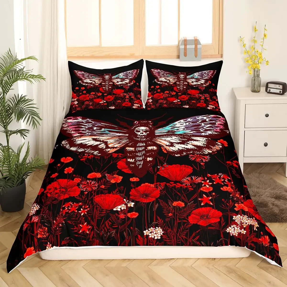 Death Moth King Queen Duvet Cover Gothic Sugar Skull Bedding Set Bohemian Poppy Flower Comforter Cover Polyester Quilt Cover