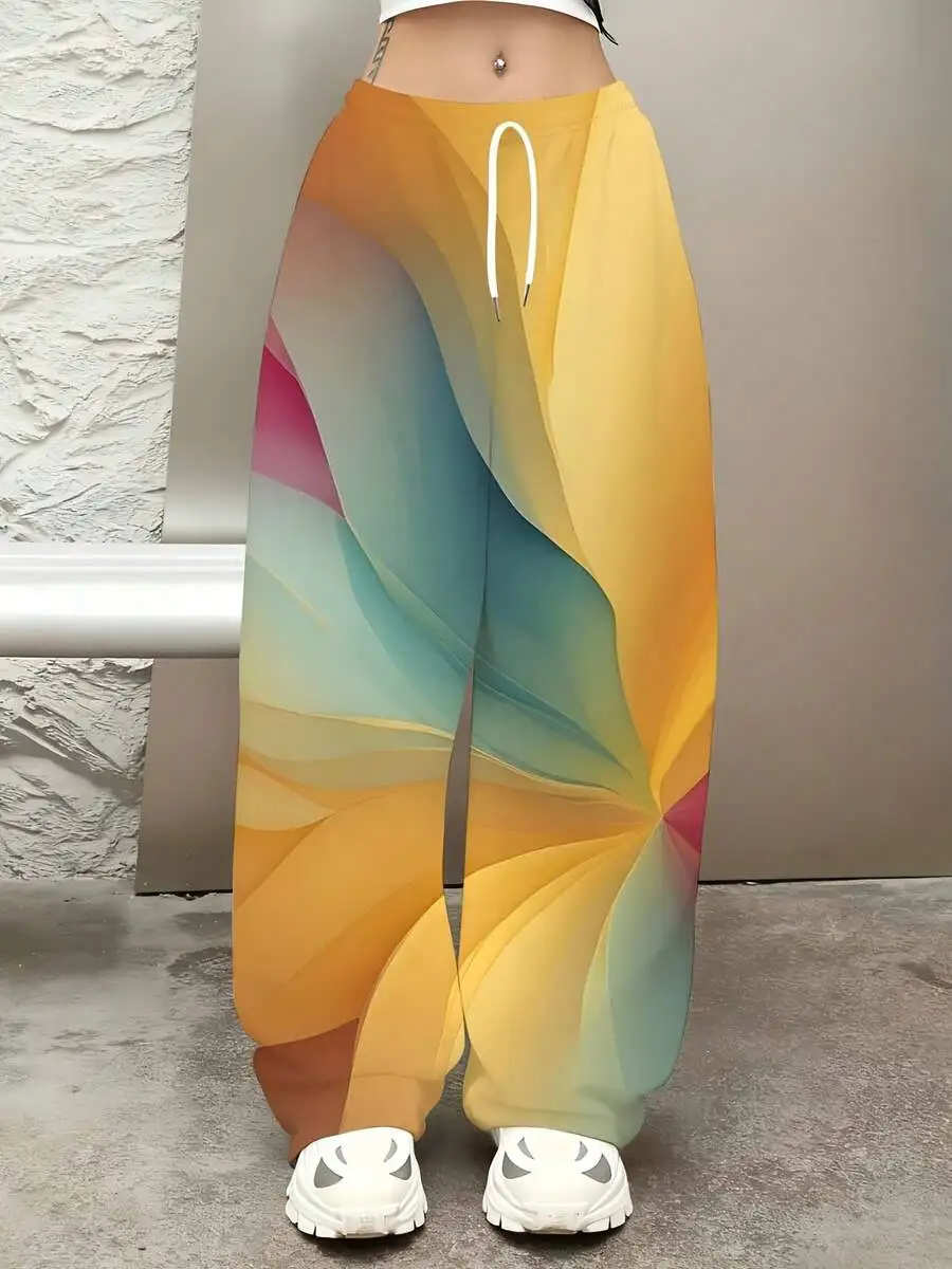 Colorful Abstract Print Wide Leg Pants Yellow Blue Pink Gradient Pattern Casual Fashion Pants Suitable For Leisure And Sports