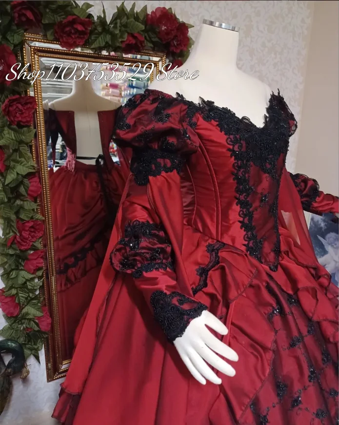 Crimson Medieval Victorian Prom Dress 2024 Gothic Tie Applique Lace Theatre Evening Gowns Puffy Ruffle Ruffle Princess Party