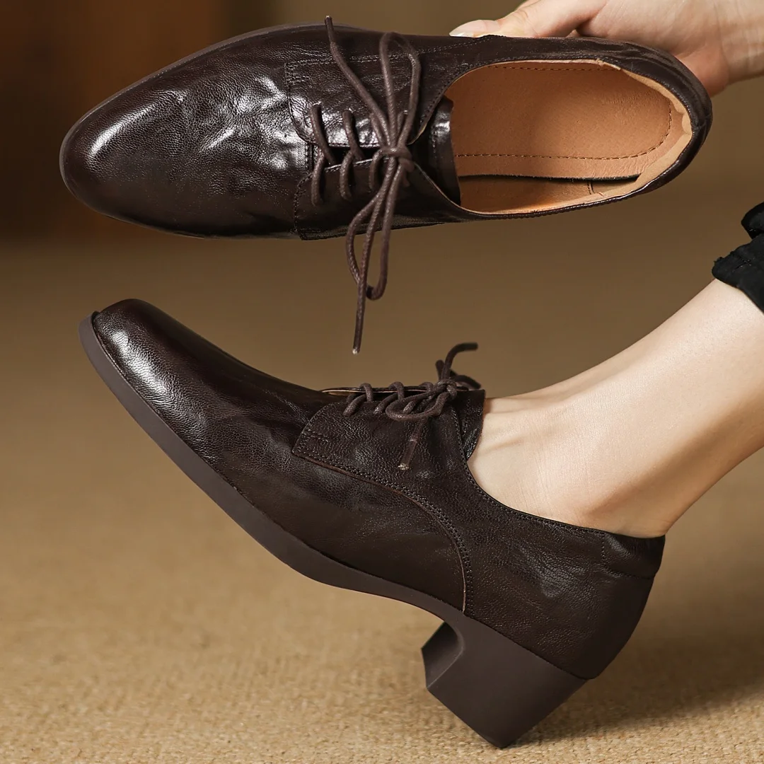 

women's sheepskin round toe lace-up oxfords 4.5cm thick med heel casual female high quality soft comfortable daily shoes woman