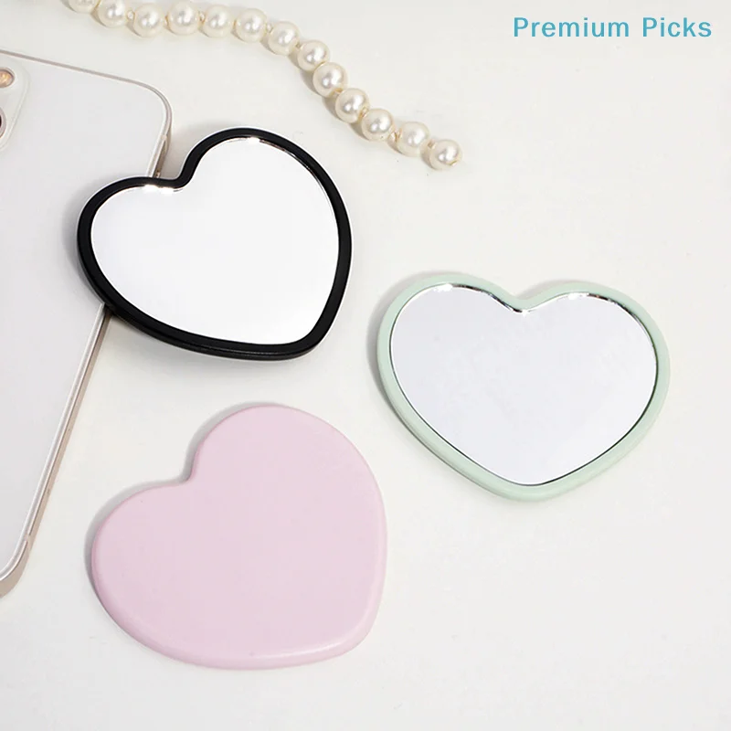 portableLove Shaped Handheld Mirror Practical PVC High Definition Cute Mirrors Makeup Mirror Gift Carry Traveling