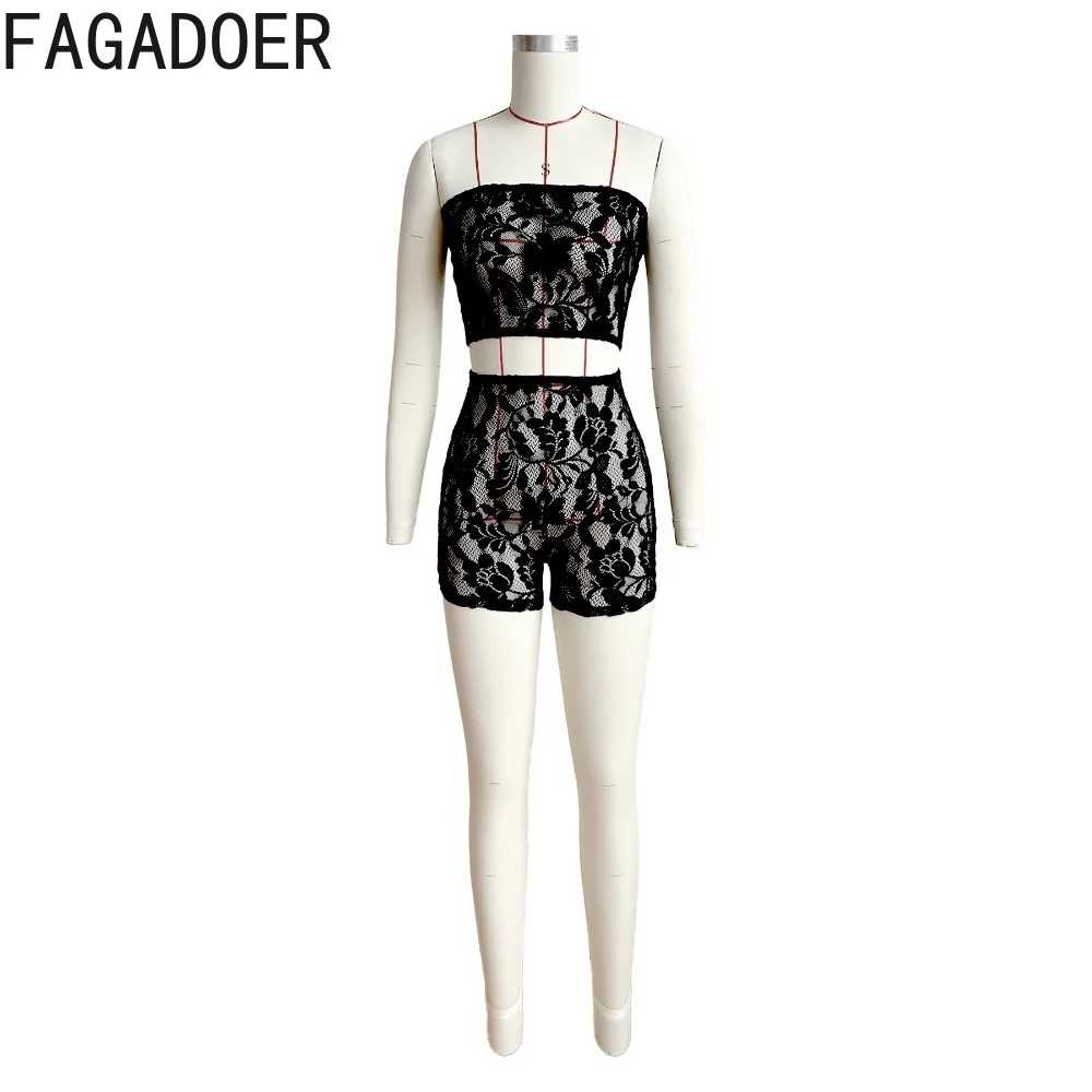 FAGADOER Sexy Lace Perspective Two Piece Sets Women Off Shoulder Sleeveless Backless Tube+Shorts Outfits Fashion 2pcs Streetwear