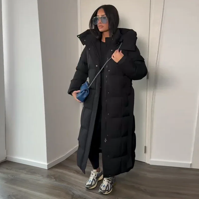 Winternieuw donsjack voor dames, lange lengte, elegant en waardig, tailleontwerp met riem voor afslankeffect, capuchon met een