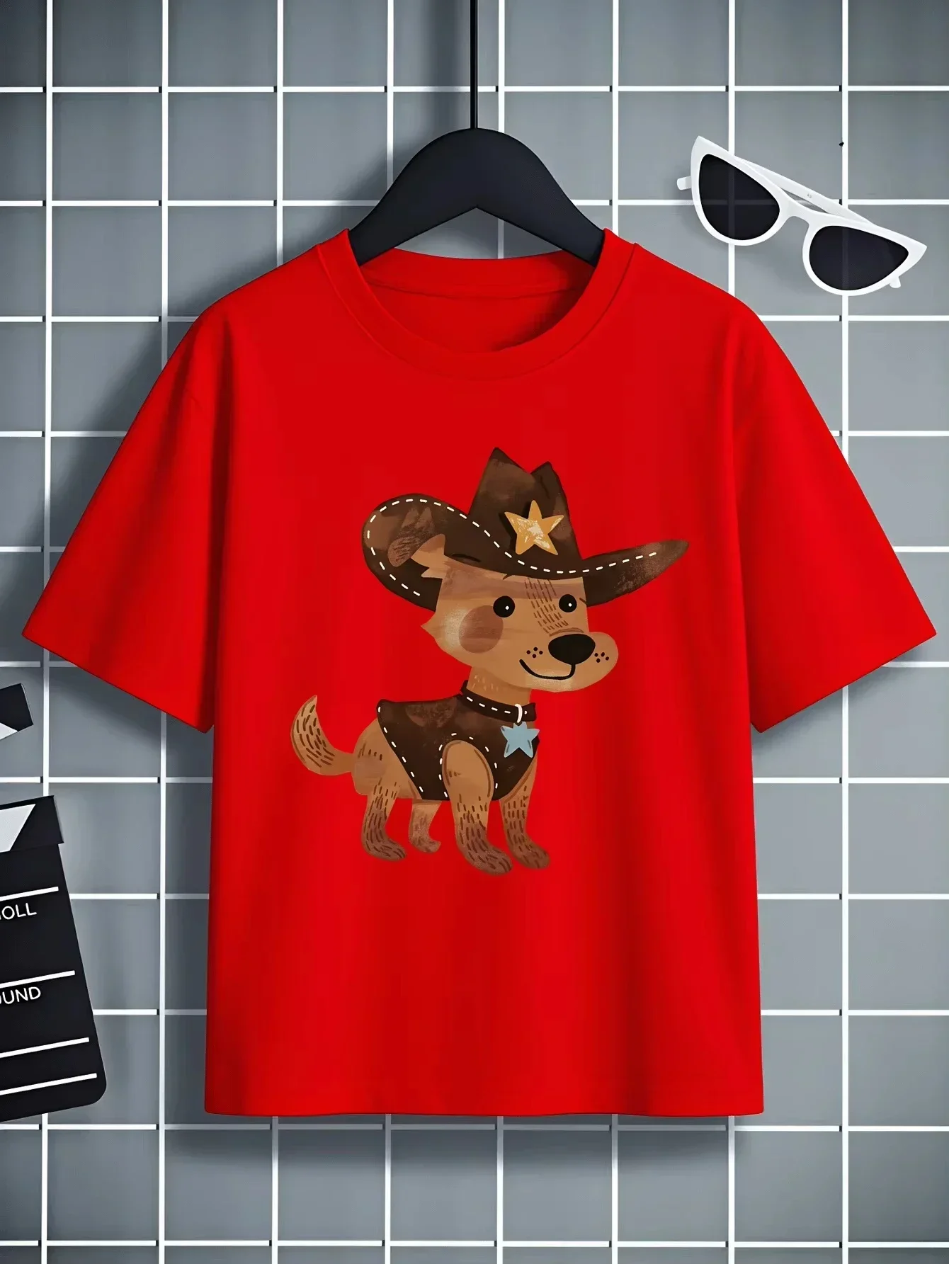 Retro Wild West Cowboy Outfit Brown Dog Pattern Kids Yellow Crew Neck Short Sleeve Outdoor Casual Top