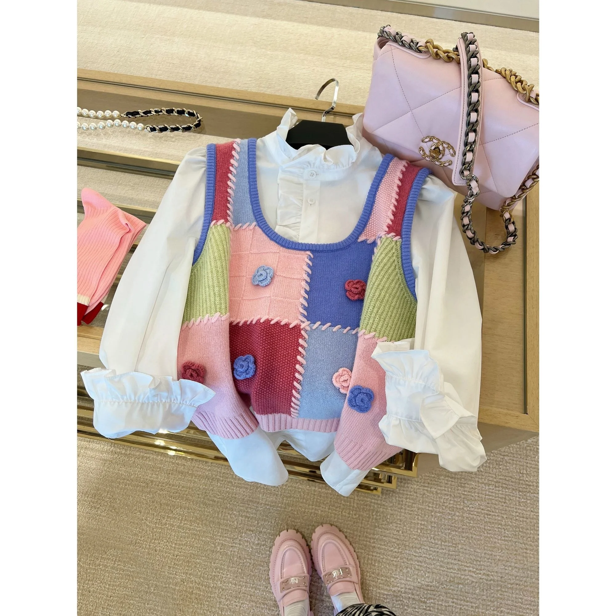 

Xiaojingjia's Same Style Early Autumn Small Style Design Sense Folding Knitted Shirt, Vest Sweater, Small Tank Top, High Grade