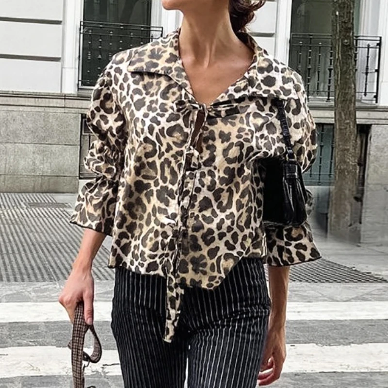 

Fashion Leopard Print Classic Collar Lace-Up Shirt Autumn Versatile Casual Loose Shirt Women's Clothing