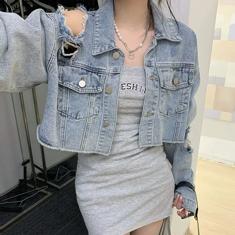 2024 Women's washed ripped and slim versatile denim short jacket Light Blue Denim Jackets Jeans Spring COATS