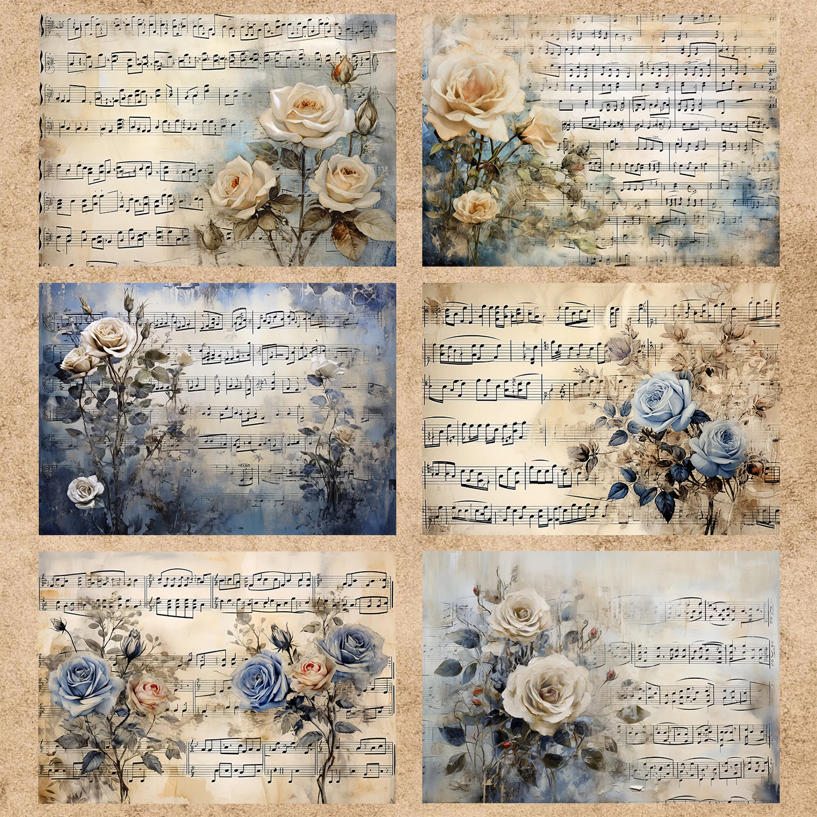 16 Sheets A5 Size Retro White Rose Flowers Blue Background Sheet Music Vintage Grunge Journal Planning Scrapbooking