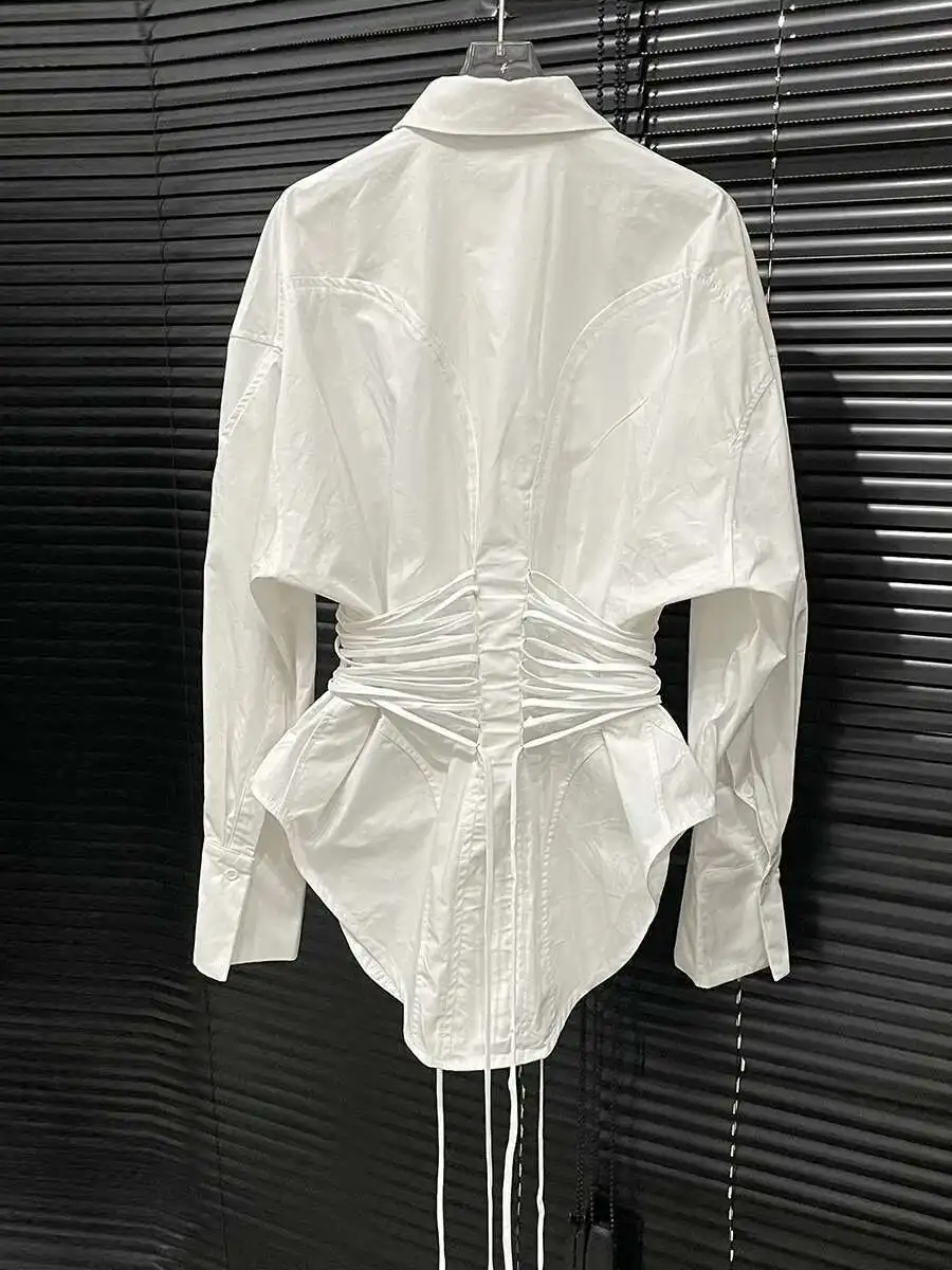TWOTWINSTYLE Waist Strap Shirt For Women  Fashion Women's Niche Design Solid Color Long Sleeve Shirt Top Female 2024 Autumn New