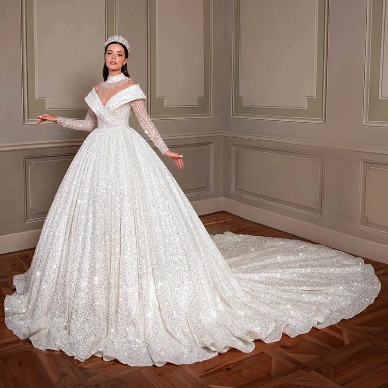 Luxurious Wedding Dresses Fully Beaded High-Neck Princess Ball Gown Ong Sleeve Customized Bride Dress Button Vestido De Novia