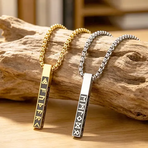 Elder Futhark Runes Men Necklace Vintage Norse Mythology Pendant Protection Amulet Stainless Steel Pagan Jewelry