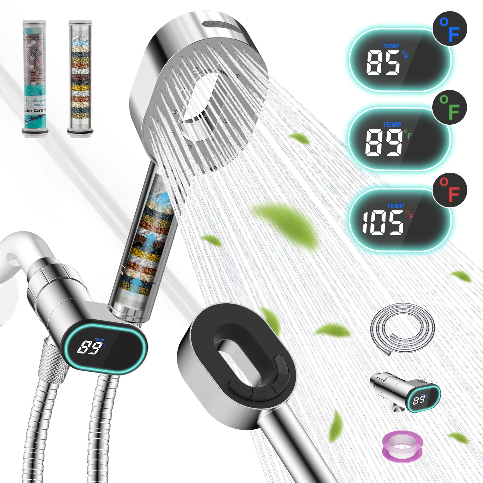 

High Pressure Shower Head with Handheld Combo, 20-Stage Filter Showerhead with LED Temp Disaplay, 5 Spray Mode