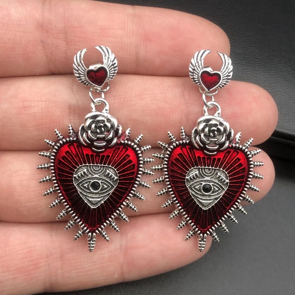 New Cross Occult Diablo Goth Piercing Drop Earrings Personality Rose Heart Oil Gothic Women\'s Earings Retro Hanging Jewellry