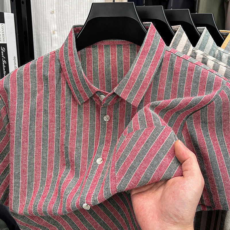

Fashion striped color blocked short sleeve shirt high-quality fashion pocket decoration summer new men casual lapel T-shirt top