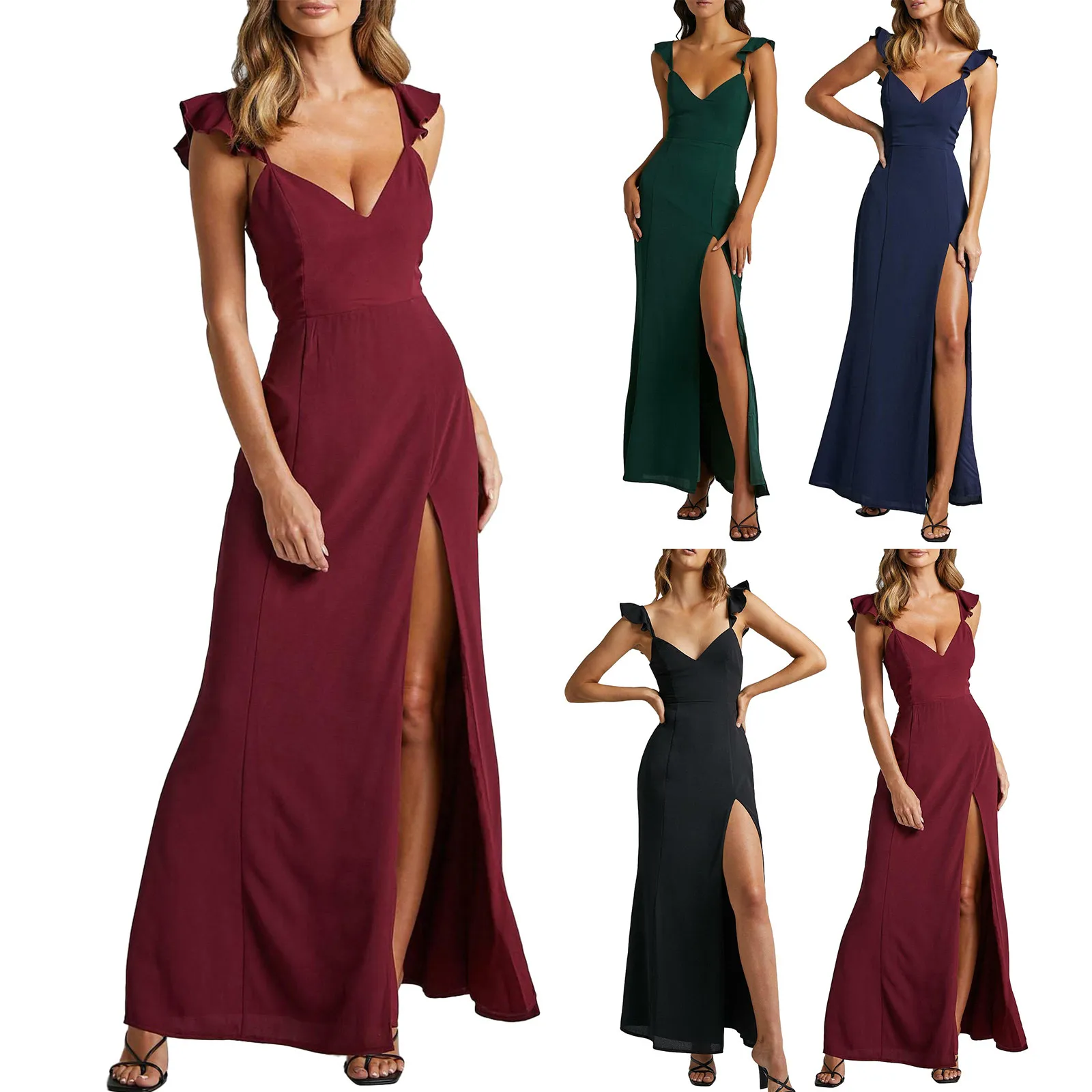 Sexy Deep V Split Formal Evening Dress Sleeveless Ruched Ruffle Slim Fit Dresses Women Elegant Solid Low Back Tie Wedding Gown